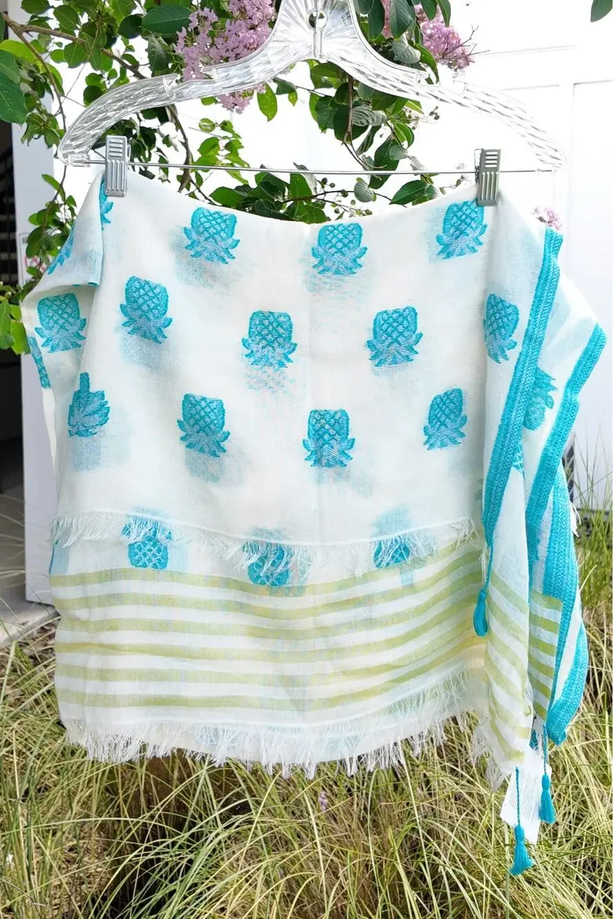 Echo New York Pineapple Print Cotton Scarf Wrap NWT Blue White